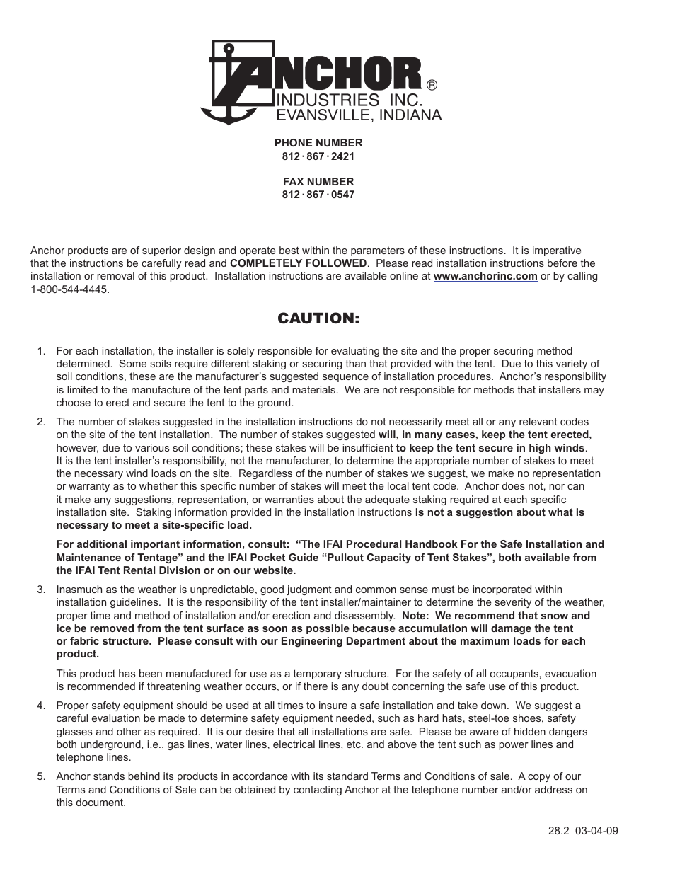Evansville, indiana, Caution | Anchor CENTURY 100 & 120 WIDE User Manual | Page 15 / 15
