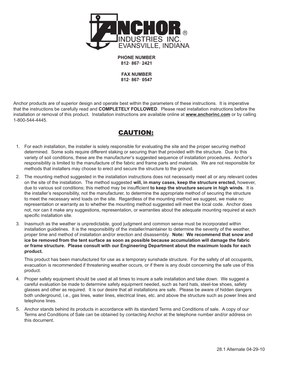 Evansville, indiana, Caution | Anchor FUNBRELLA PALM User Manual | Page 8 / 8