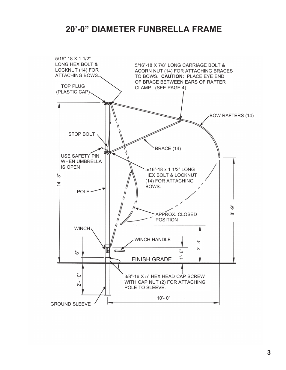 20’-0” diameter funbrella frame | Anchor FUNBRELLA SHARK User Manual | Page 3 / 8