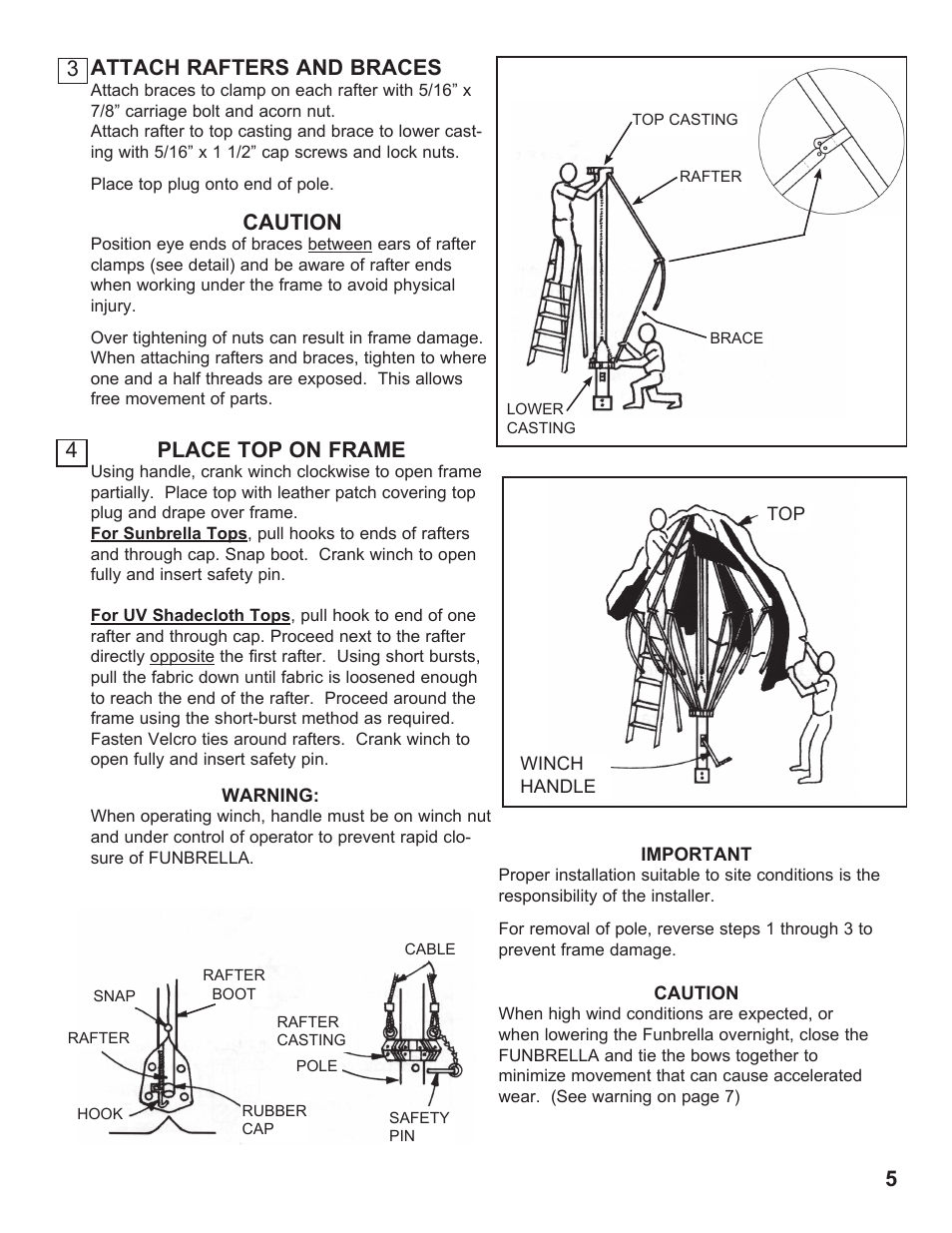 3 attach rafters and braces, Caution, 4 place top on frame | Anchor FUNBRELLA SHARK User Manual | Page 5 / 8