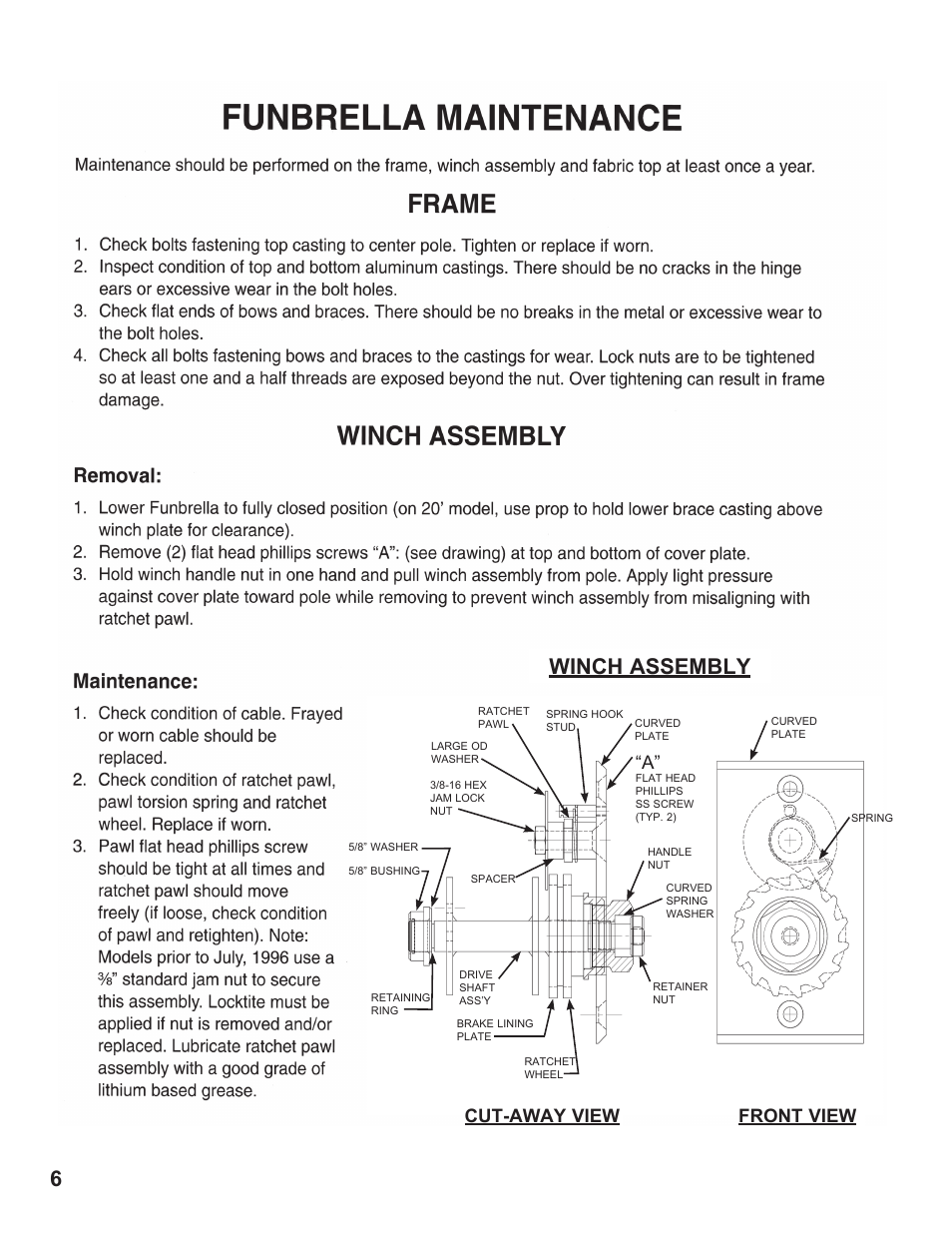 Winch assembly, Cut-away view front view | Anchor FUNBRELLA SHARK User Manual | Page 6 / 8