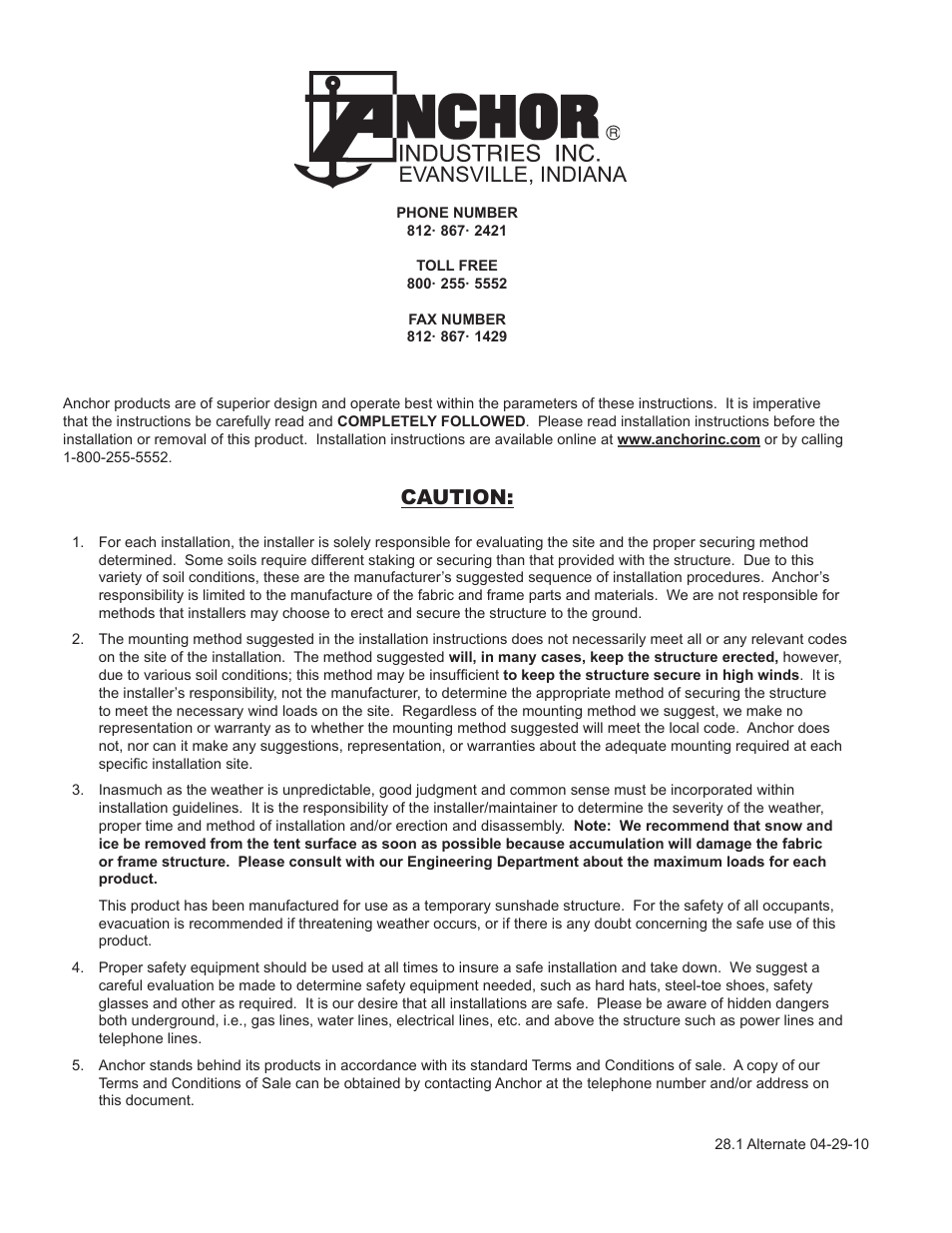 Evansville, indiana, Caution | Anchor FUNBRELLA SHARK User Manual | Page 8 / 8