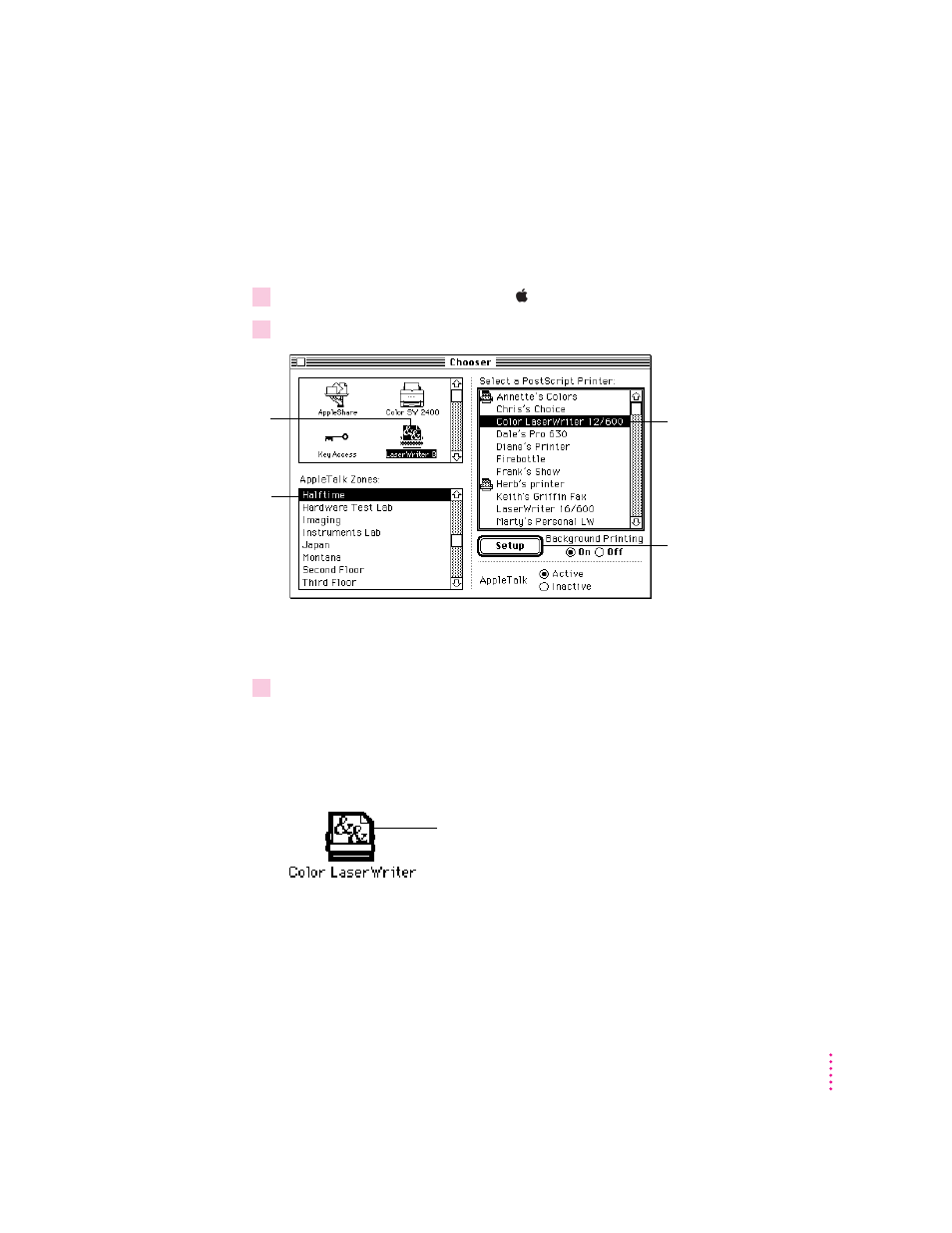 Selecting and setting up the printer | Apple ColorLaserWriter 12/600PS User Manual | Page 184 / 377