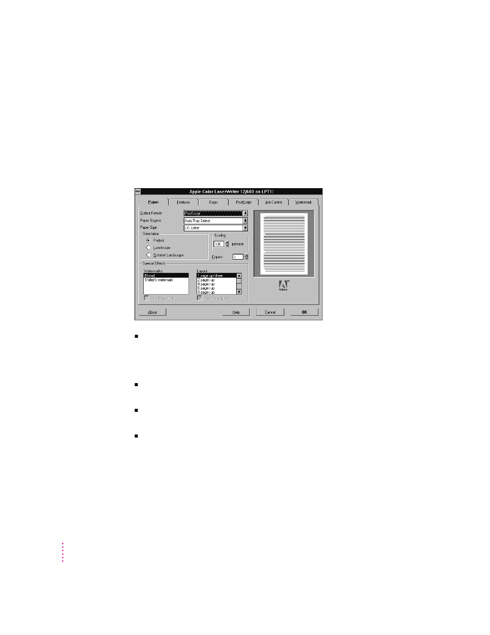 Selecting printer options in the setup dialog box | Apple ColorLaserWriter 12/600PS User Manual | Page 205 / 377