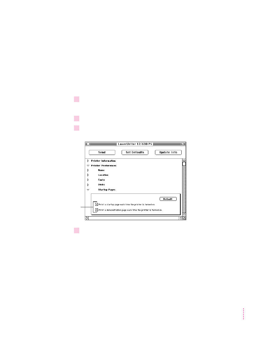 Turning the startup pages on or off | Apple ColorLaserWriter 12/600PS User Manual | Page 84 / 377