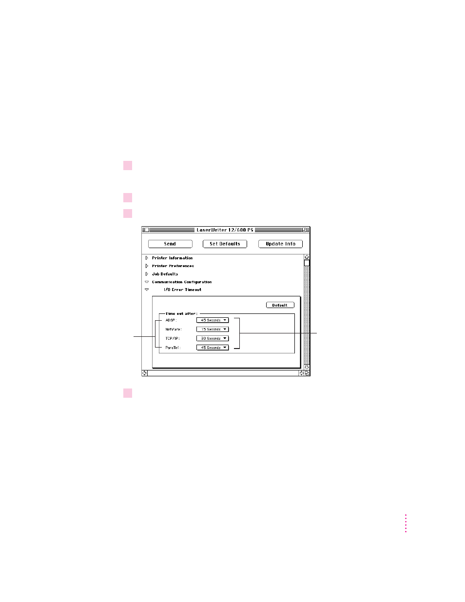 Setting the printer’s error timeout | Apple ColorLaserWriter 12/600PS User Manual | Page 88 / 377