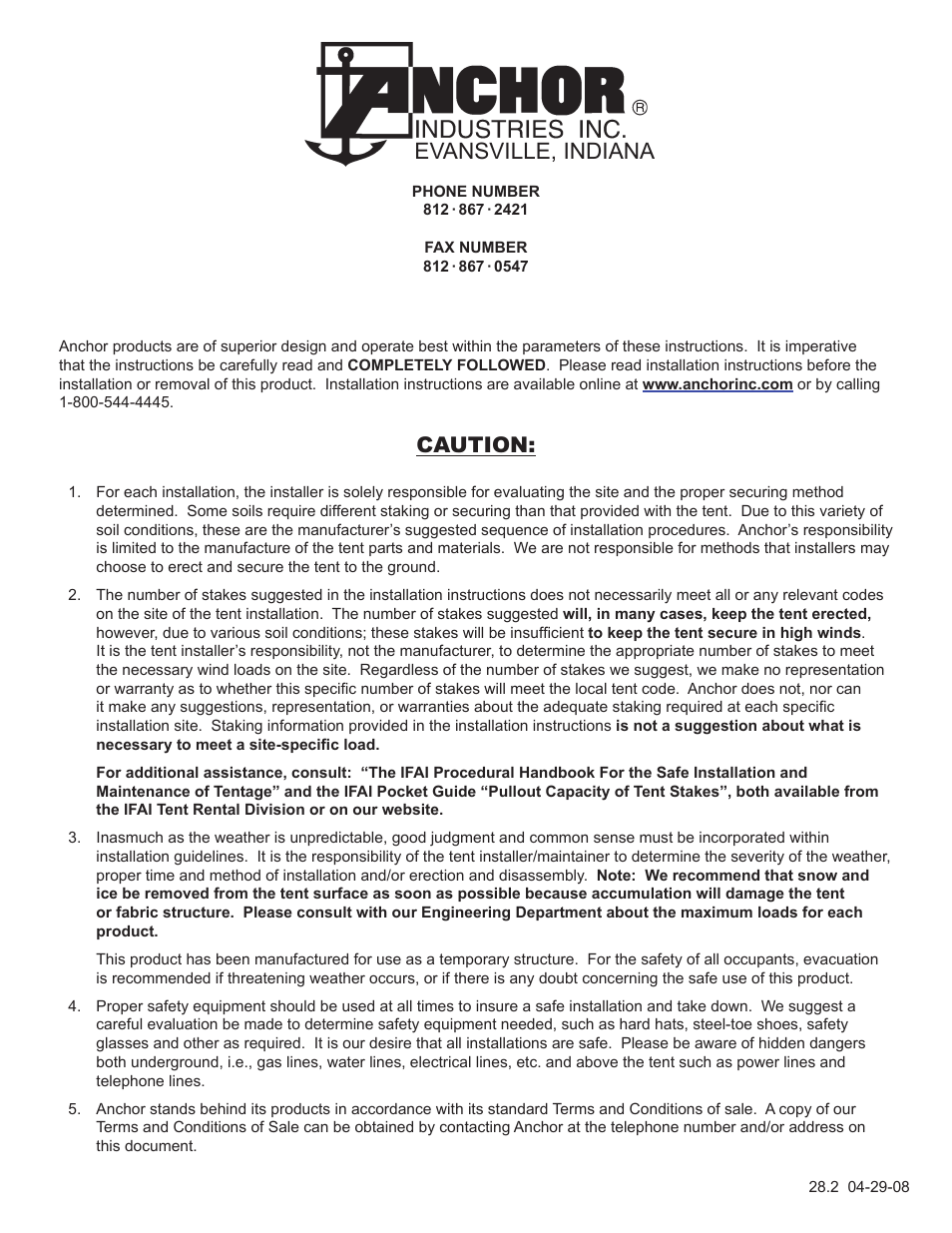 Evansville, indiana, Caution | Anchor VEHICLE MAINTENANCE SHELTER User Manual | Page 16 / 16