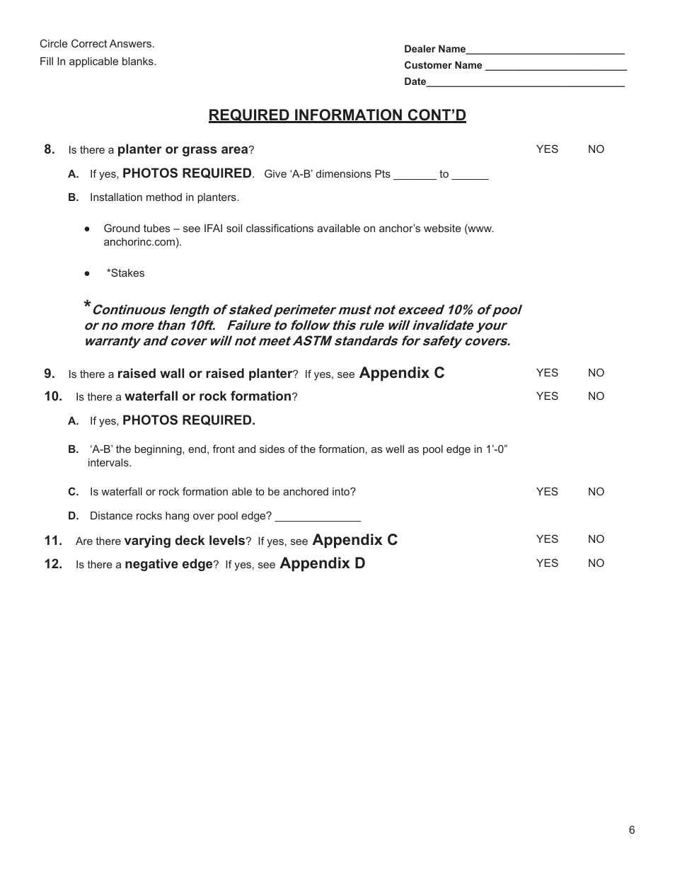 Required information cont’d, Appendix c, Appendix d | Anchor Pool Cover Measuring Instructions User Manual | Page 6 / 14