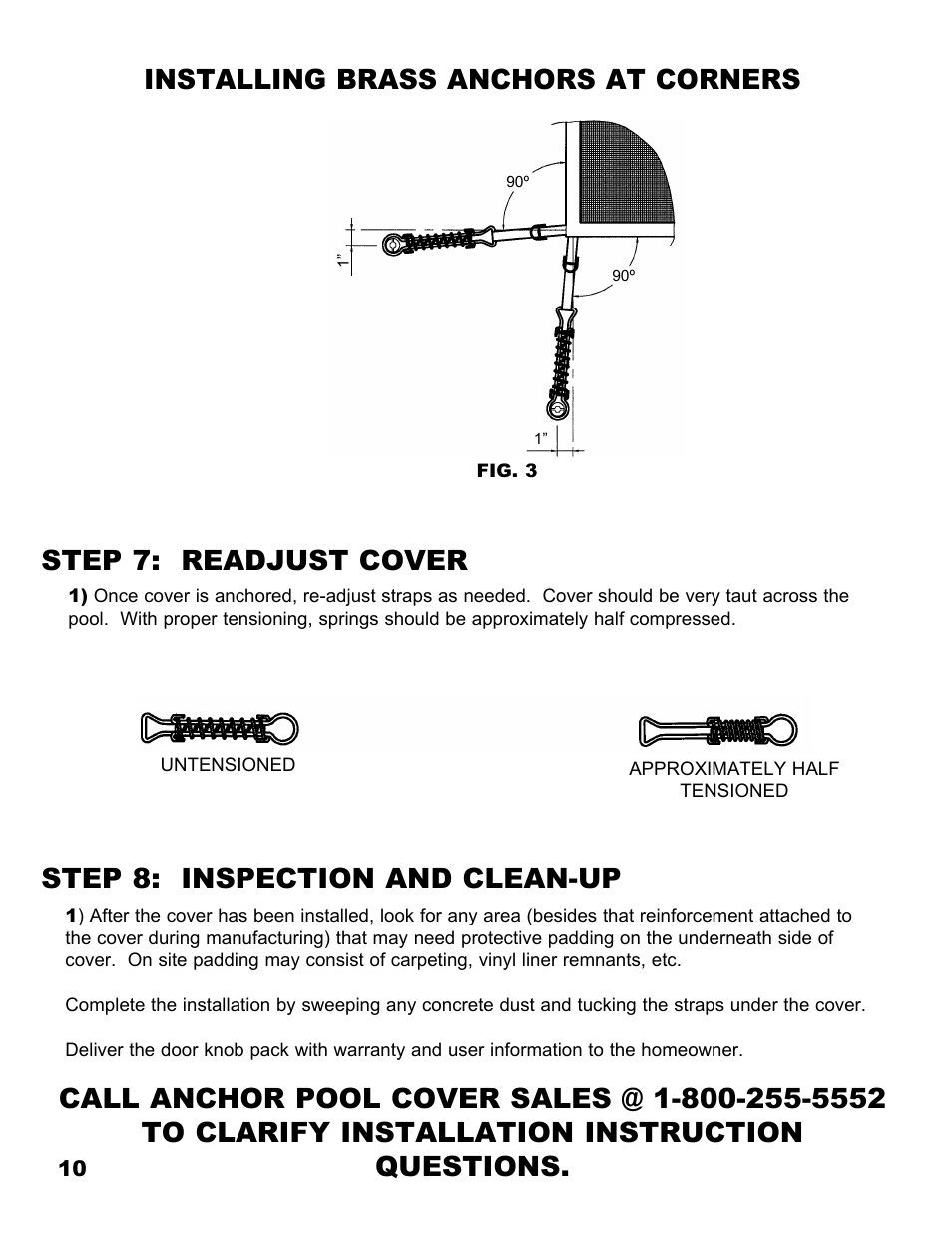 Installing brass anchors at corners, Step 7: readjust cover | Anchor MESH POOL COVER User Manual | Page 10 / 16