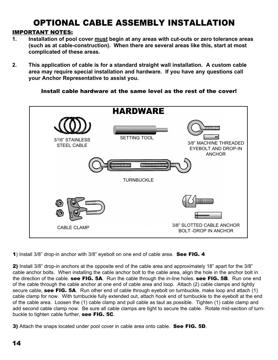Optional cable assembly installation, Hardware | Anchor MESH POOL COVER User Manual | Page 14 / 16