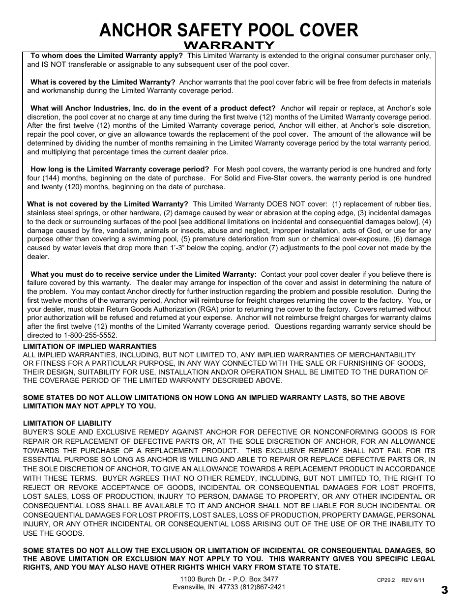 Anchor safety pool cover, Warranty | Anchor MESH POOL COVER User Manual | Page 3 / 16