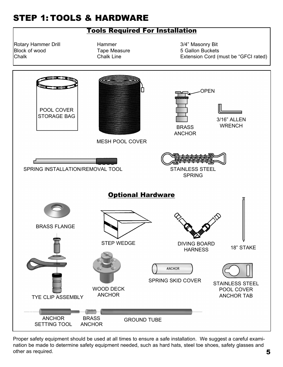 Step 1: tools & hardware, Tools required for installation, Optional hardware | Anchor MESH POOL COVER User Manual | Page 5 / 16