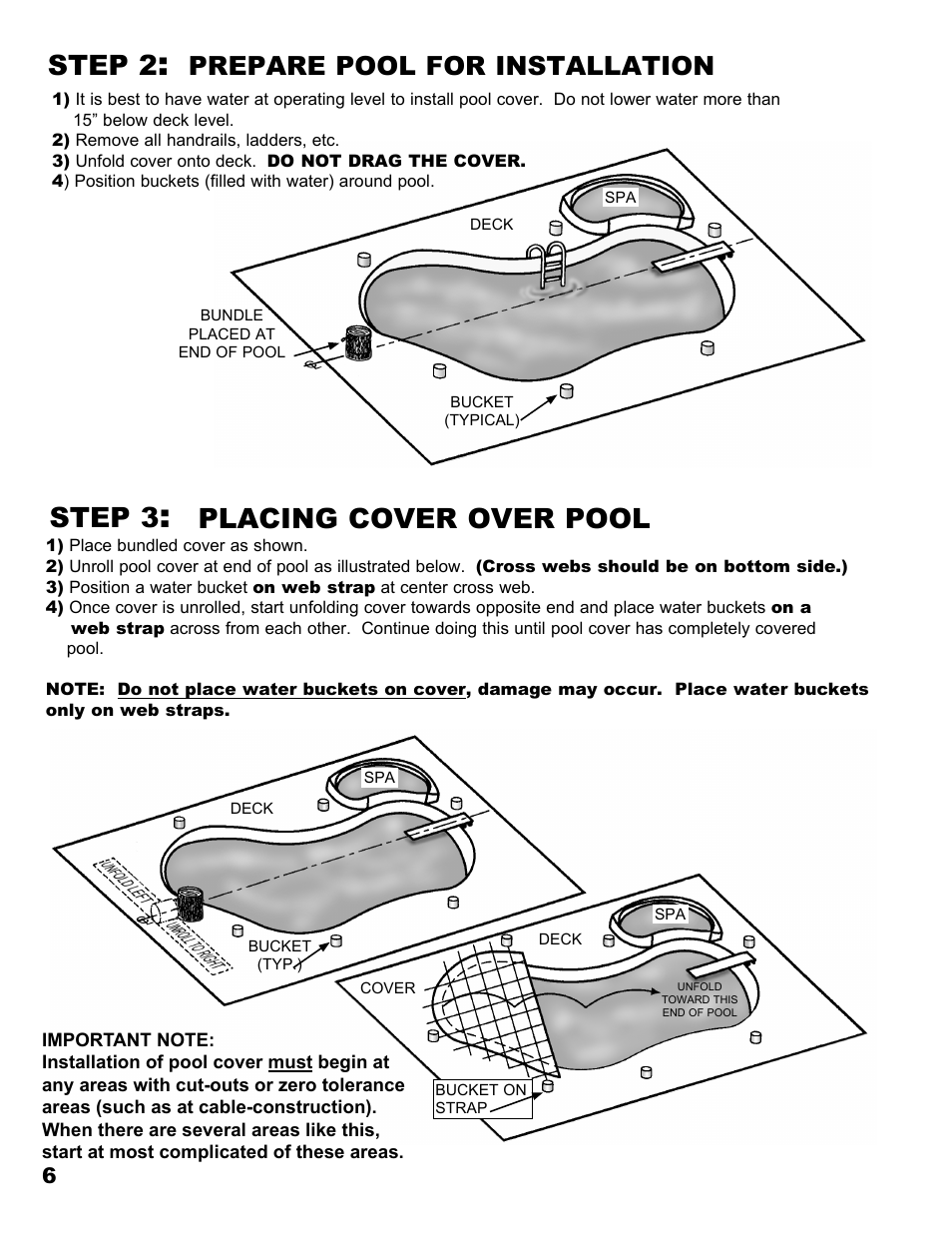 Step 2, Step 3, Placing cover over pool | Prepare pool for installation | Anchor MESH POOL COVER User Manual | Page 6 / 16