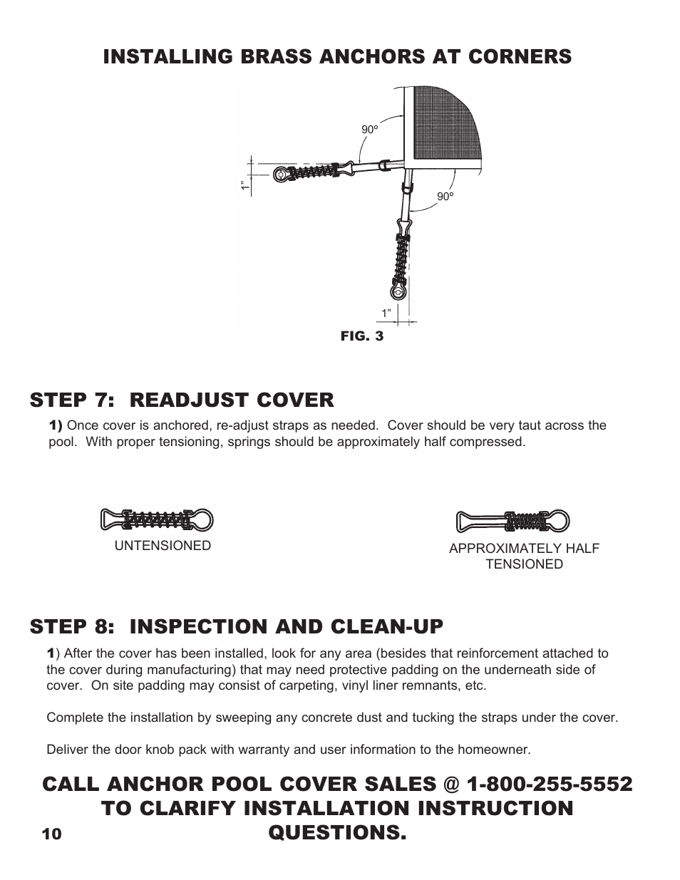 Installing brass anchors at corners, Step 7: readjust cover | Anchor DEFENDER MESH POOL COVER User Manual | Page 10 / 16