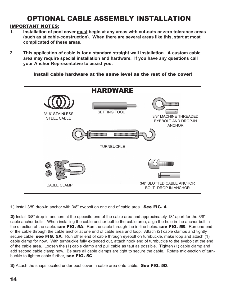 Optional cable assembly installation, Hardware | Anchor DEFENDER MESH POOL COVER User Manual | Page 14 / 16