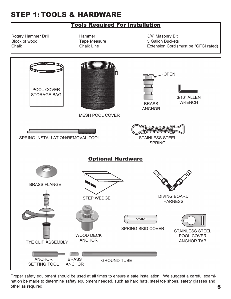 Step 1: tools & hardware, Tools required for installation, Optional hardware | Anchor DEFENDER MESH POOL COVER User Manual | Page 5 / 16