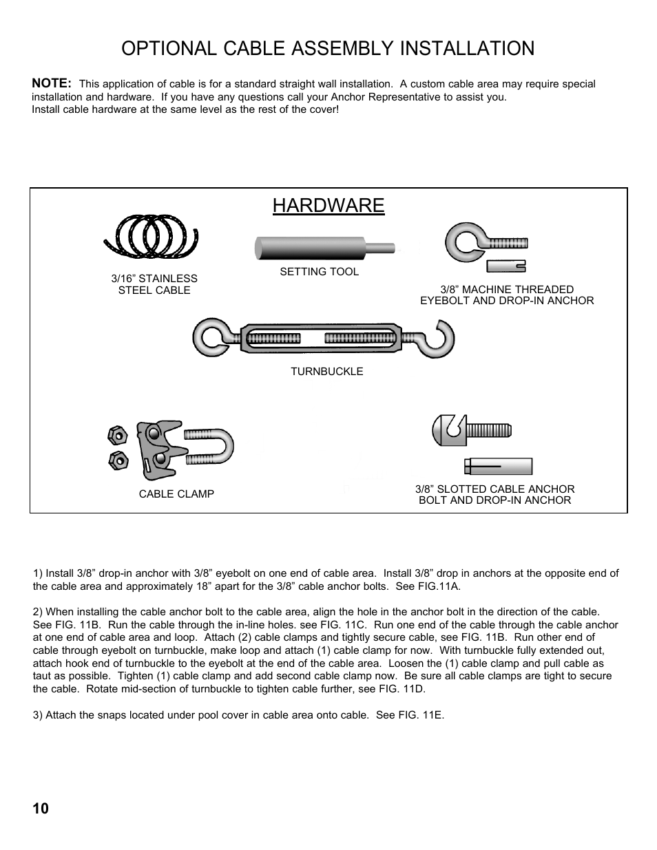 Optional cable assembly installation, Hardware | Anchor 5-STAR SOLID SAFETY POOL COVER User Manual | Page 10 / 12