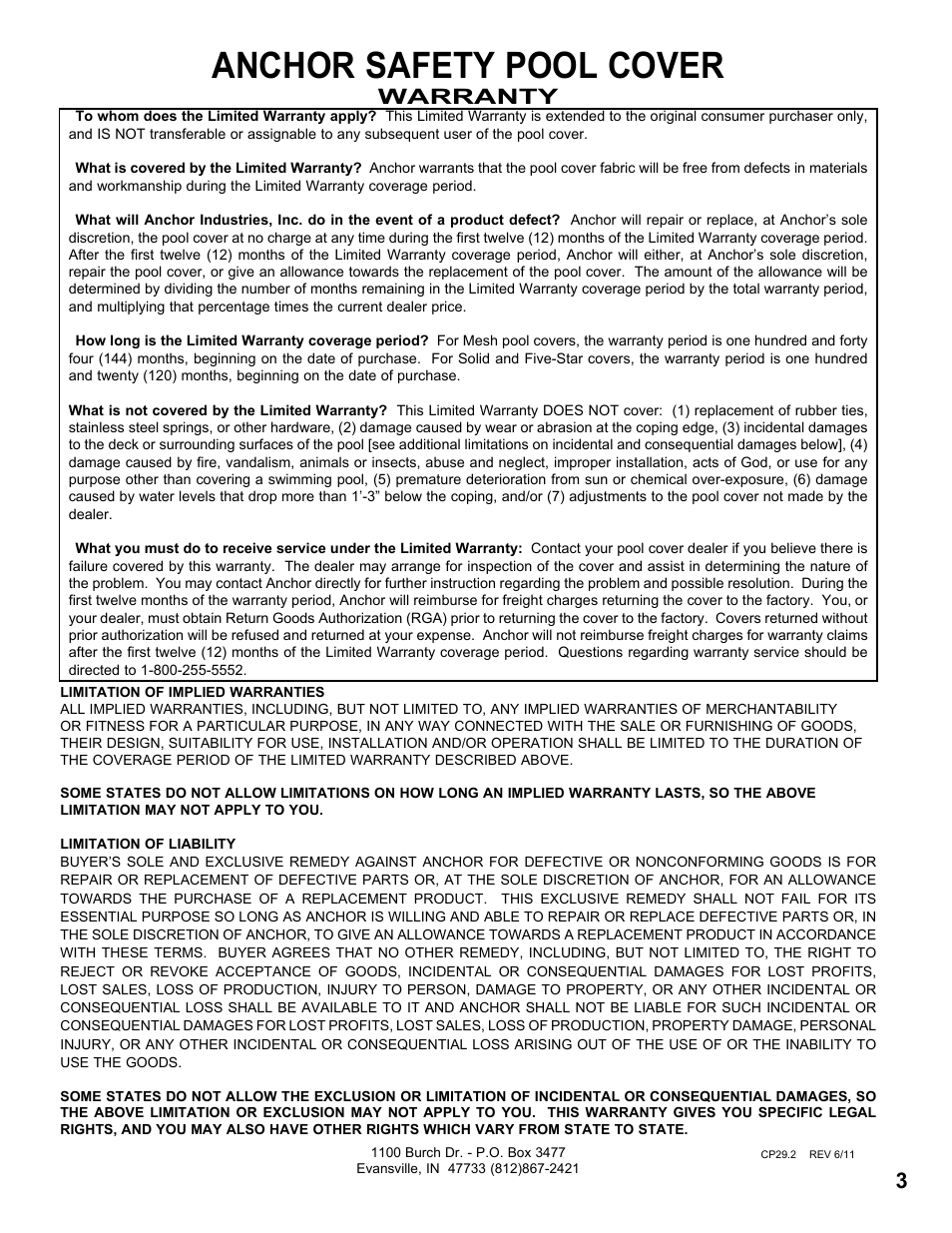 Anchor safety pool cover, Warranty | Anchor 5-STAR SOLID SAFETY POOL COVER User Manual | Page 3 / 12