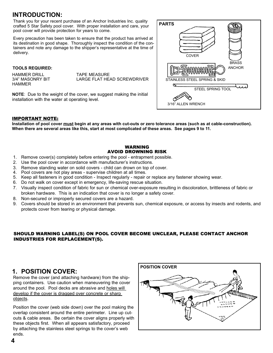 Introduction: 1. position cover | Anchor 5-STAR SOLID SAFETY POOL COVER User Manual | Page 4 / 12