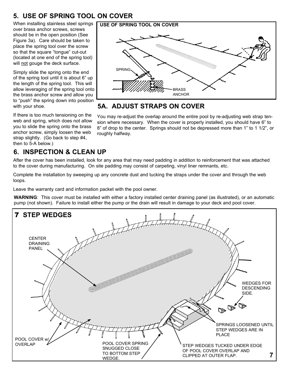 Use of spring tool on cover, 5a. adjust straps on cover, Inspection & clean up | 7 step wedges | Anchor 5-STAR SOLID SAFETY POOL COVER User Manual | Page 7 / 12