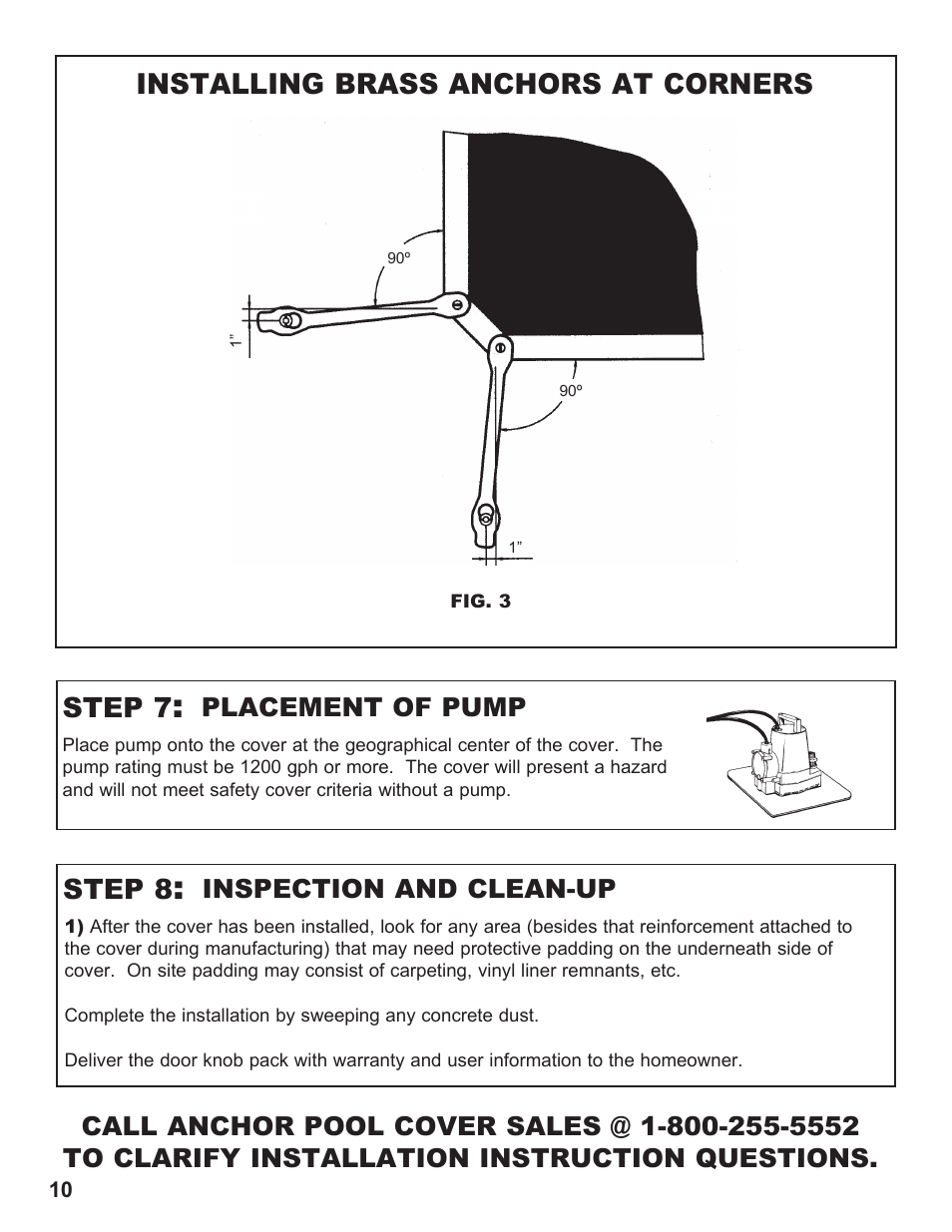 Installing brass anchors at corners, Step 7, Step 8 | Inspection and clean-up | Anchor CLASSIC SOLID SAFETY POOL COVER User Manual | Page 10 / 16