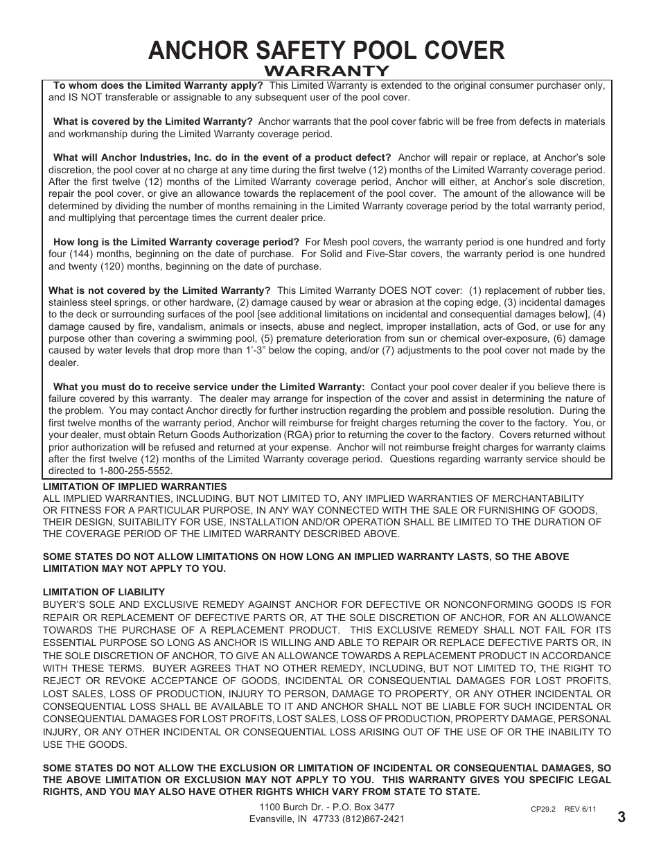 Anchor safety pool cover, Warranty | Anchor CLASSIC SOLID SAFETY POOL COVER User Manual | Page 3 / 16