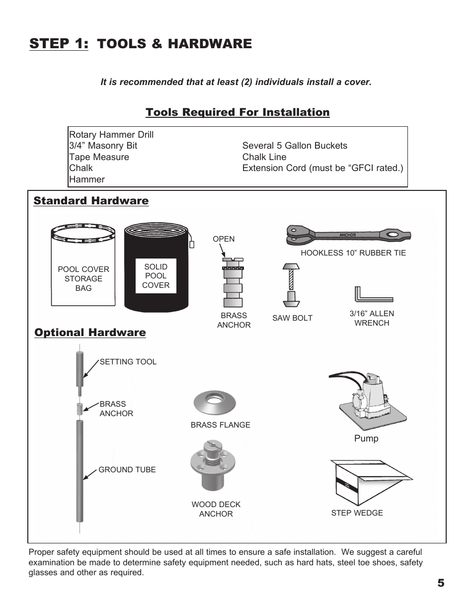 Step 1, Tools & hardware, Tools required for installation | Optional hardware standard hardware | Anchor CLASSIC SOLID SAFETY POOL COVER User Manual | Page 5 / 16