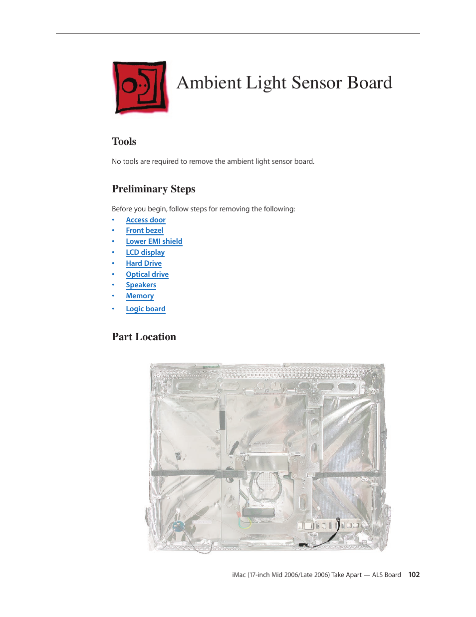 Ambient light sensor board, Ambient light sensor board 102 | Apple iMac (17-inch Mid 2006) User Manual | Page 102 / 160