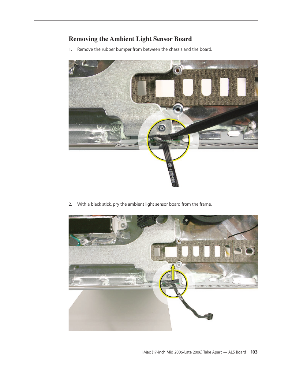 Removing the ambient light sensor board | Apple iMac (17-inch Mid 2006) User Manual | Page 103 / 160