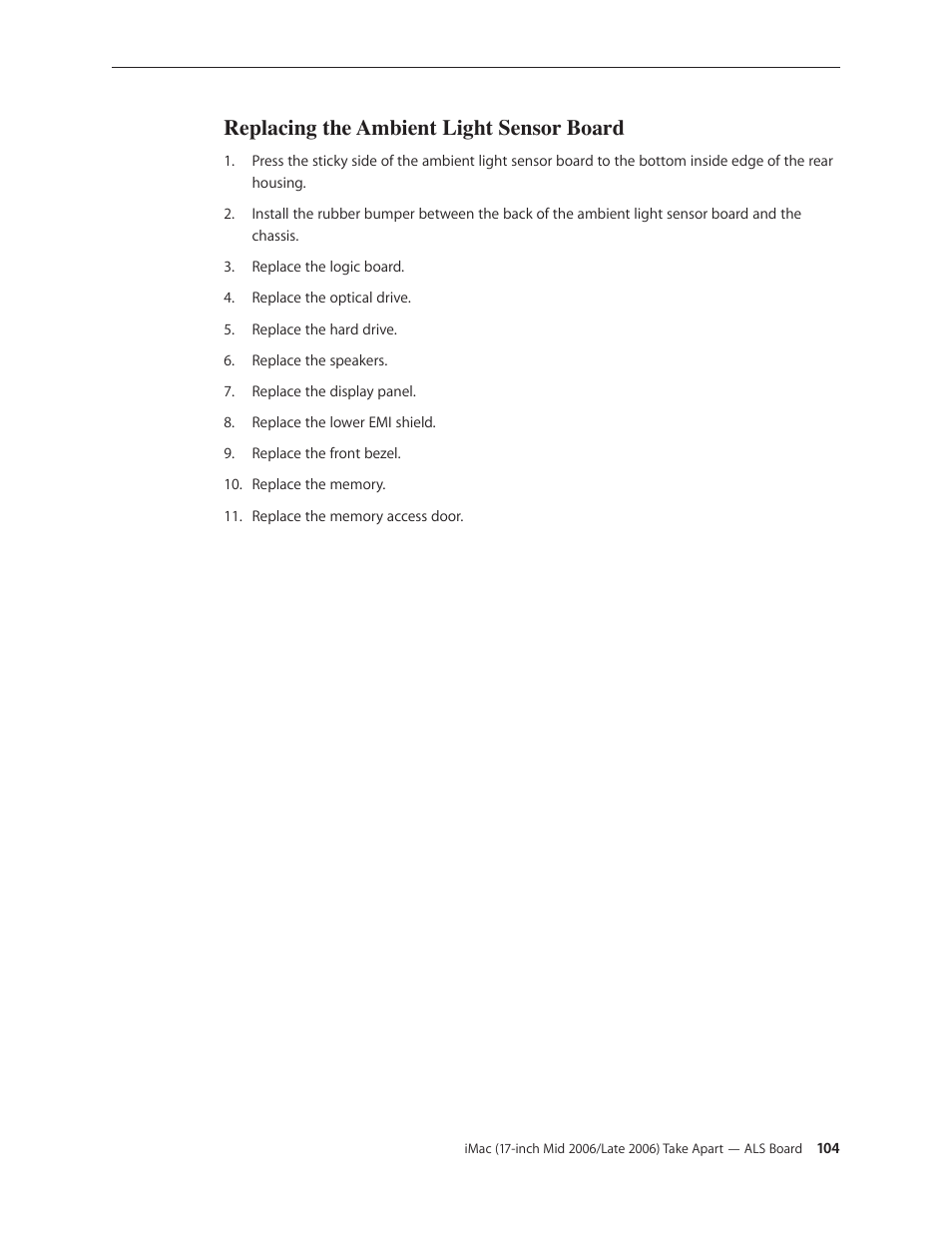 Replacing the ambient light sensor board | Apple iMac (17-inch Mid 2006) User Manual | Page 104 / 160