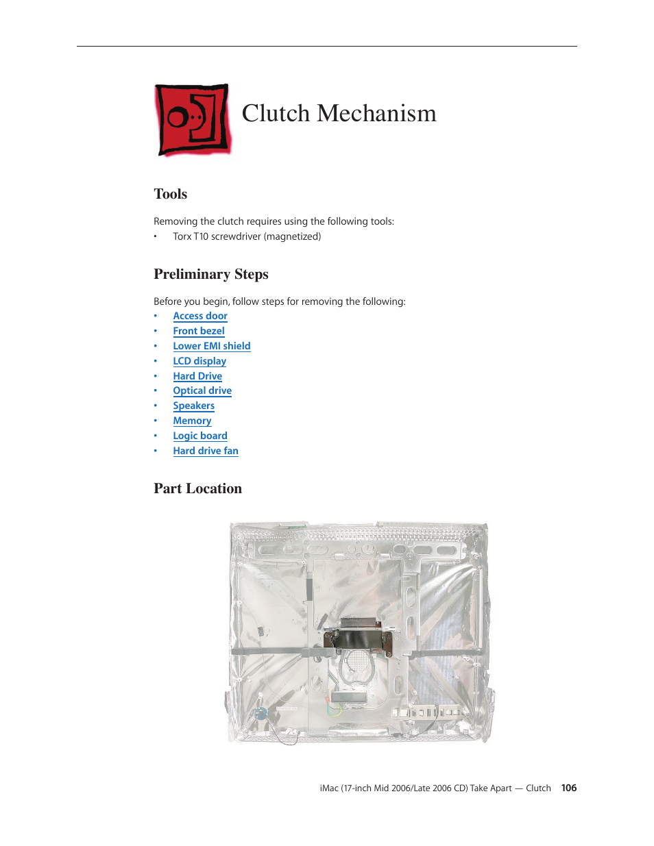 Clutch mechanism, Clutch mechanism 106 | Apple iMac (17-inch Mid 2006) User Manual | Page 106 / 160