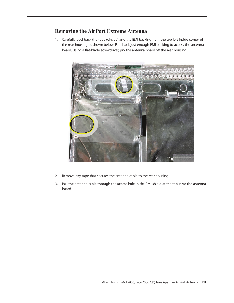 Removing the airport extreme antenna | Apple iMac (17-inch Mid 2006) User Manual | Page 111 / 160