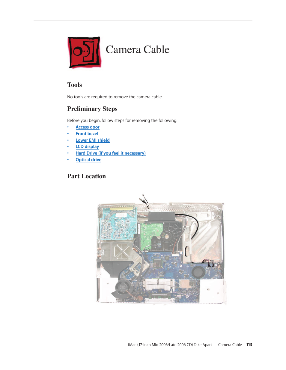 Camera cable, Camera cable 113 | Apple iMac (17-inch Mid 2006) User Manual | Page 113 / 160