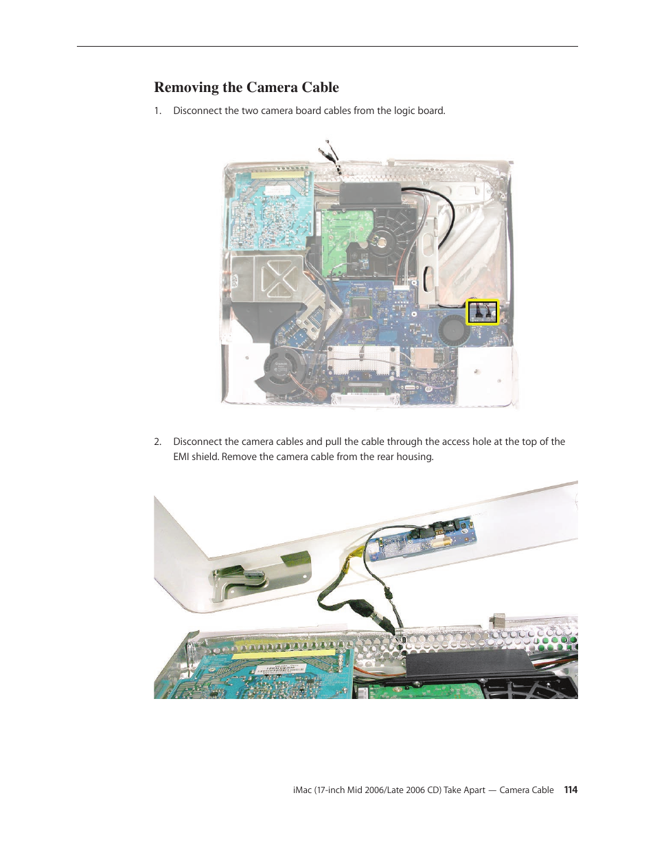 Removing the camera cable | Apple iMac (17-inch Mid 2006) User Manual | Page 114 / 160