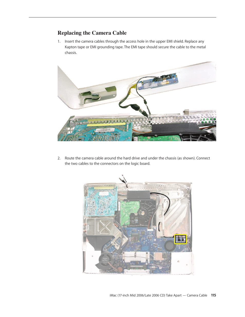 Replacing the camera cable | Apple iMac (17-inch Mid 2006) User Manual | Page 115 / 160