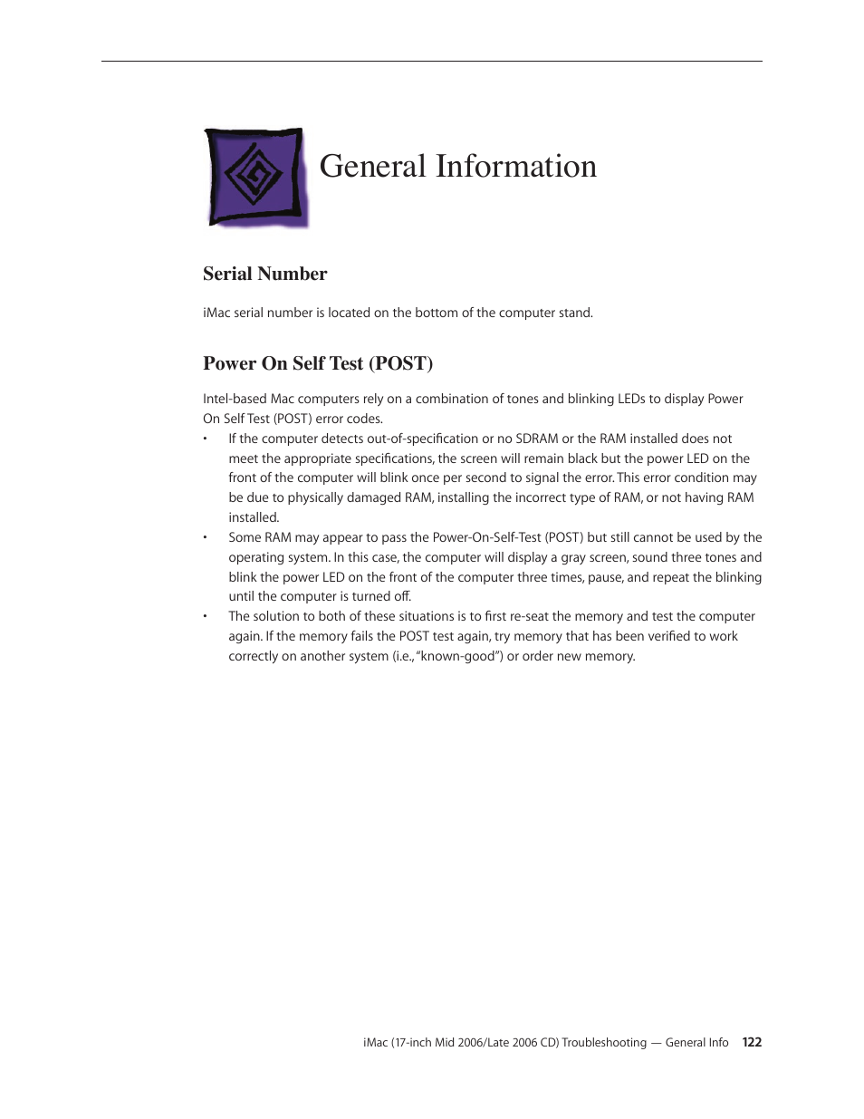 General information, Serial number, Power on self test (post) | General information 122, Serial number 122 power on self test (post) 122 | Apple iMac (17-inch Mid 2006) User Manual | Page 122 / 160