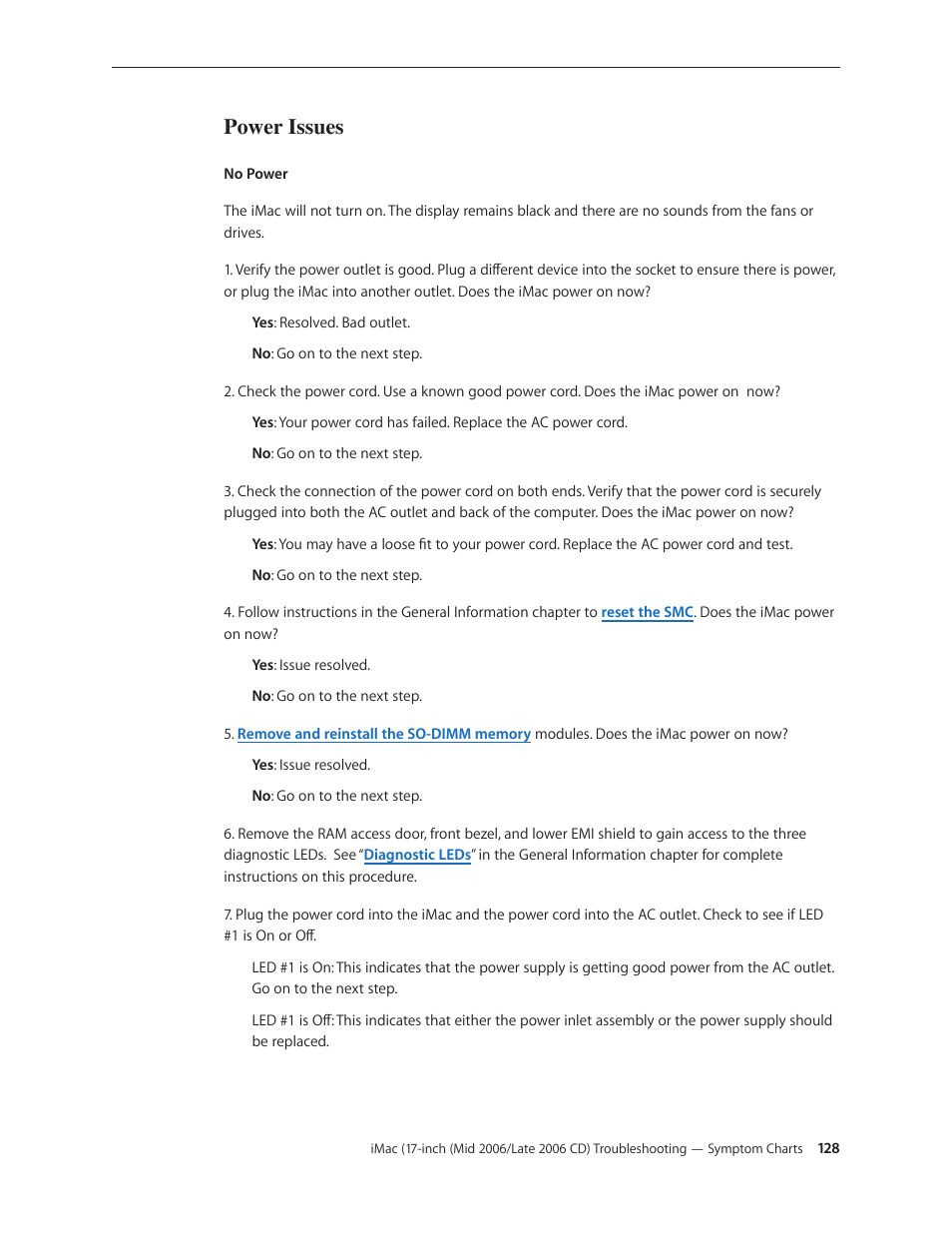 Power issues, Power issues 128, No power | Apple iMac (17-inch Mid 2006) User Manual | Page 128 / 160