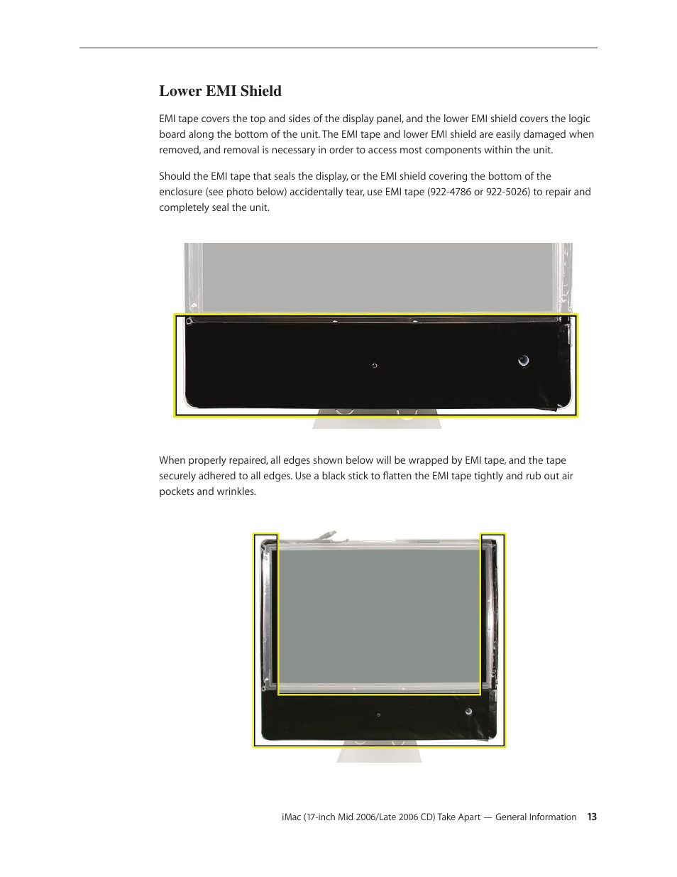 Lower emi shield, Lower emi shield 13 | Apple iMac (17-inch Mid 2006) User Manual | Page 13 / 160