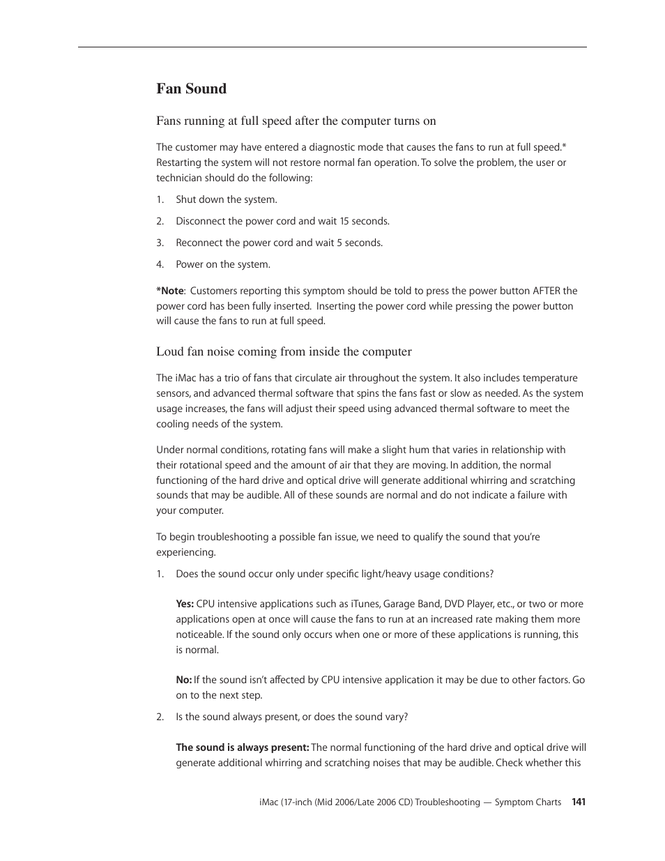 Fan sound, Fan sound 141, Fans running at full speed after | Apple iMac (17-inch Mid 2006) User Manual | Page 141 / 160