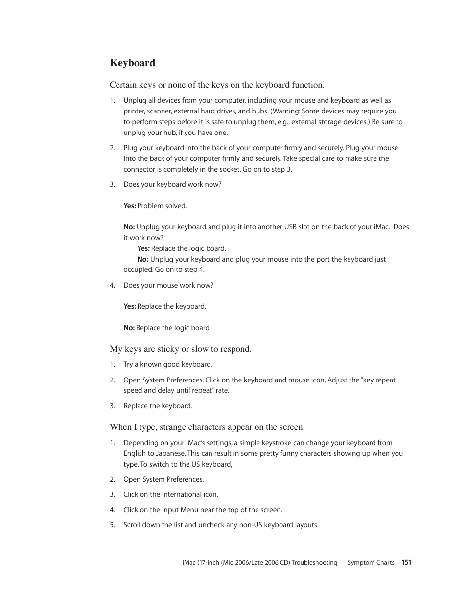 Keyboard, Keyboard 151 | Apple iMac (17-inch Mid 2006) User Manual | Page 151 / 160