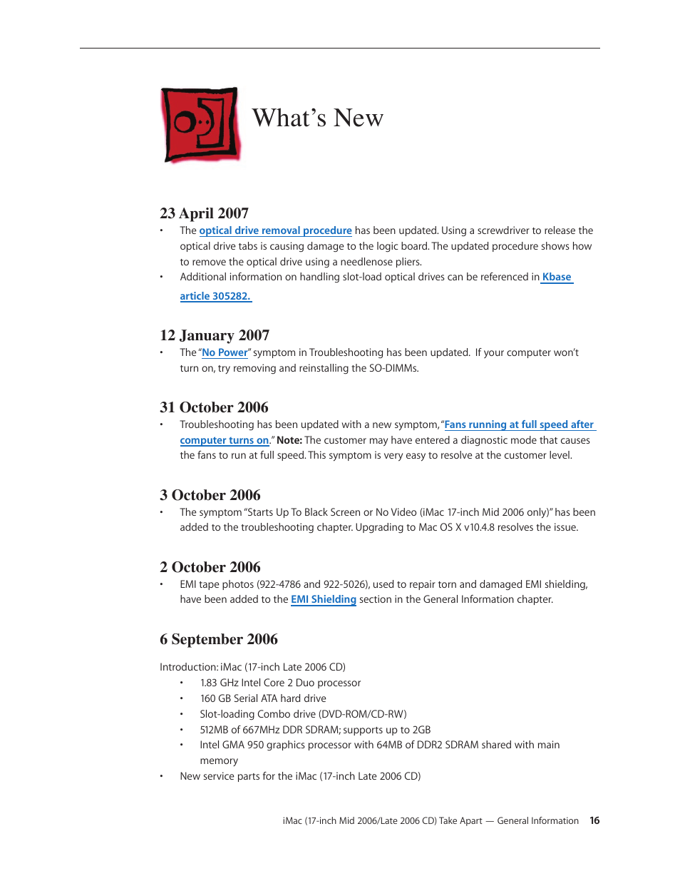 What’s new, 23 april 2007, 12 january 2007 | 31 october 2006, 3 october 2006, 2 october 2006, 6 september 2006, What’s new 16 | Apple iMac (17-inch Mid 2006) User Manual | Page 16 / 160