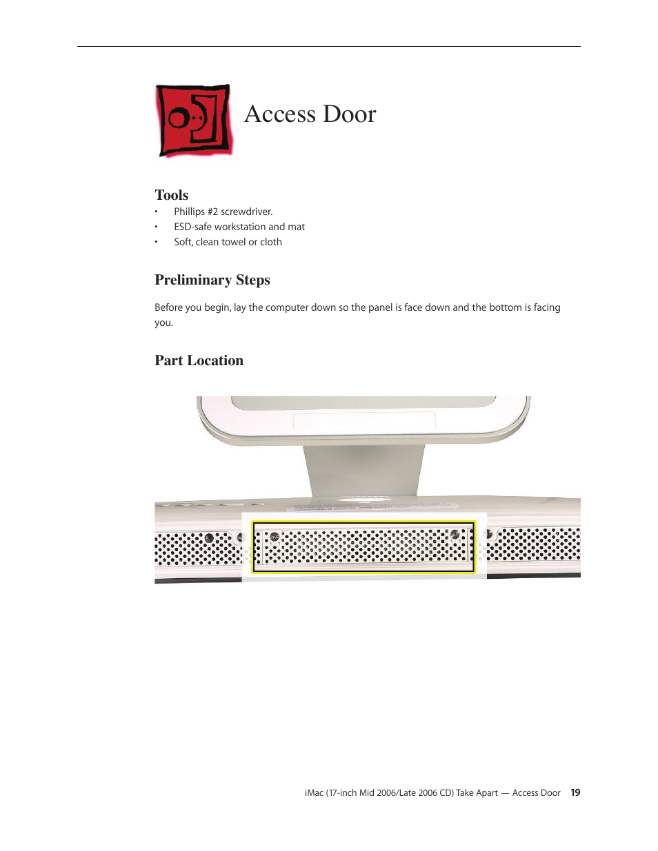 Access door, Access door 19 | Apple iMac (17-inch Mid 2006) User Manual | Page 19 / 160