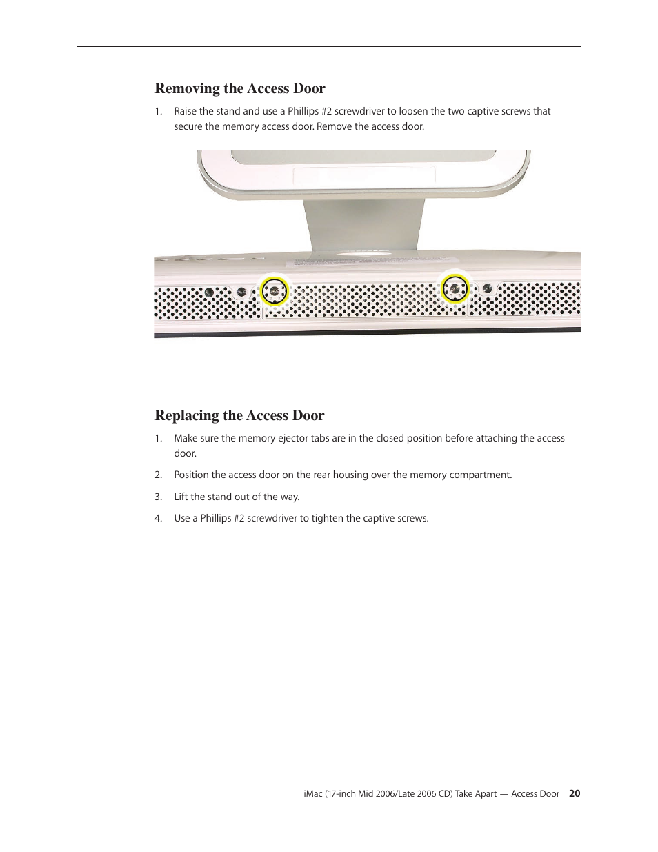 Removing the access door, Replacing the access door | Apple iMac (17-inch Mid 2006) User Manual | Page 20 / 160