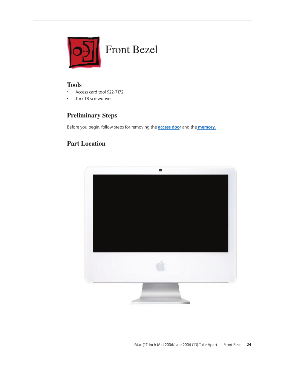 Front bezel, Front bezel 24 | Apple iMac (17-inch Mid 2006) User Manual | Page 24 / 160