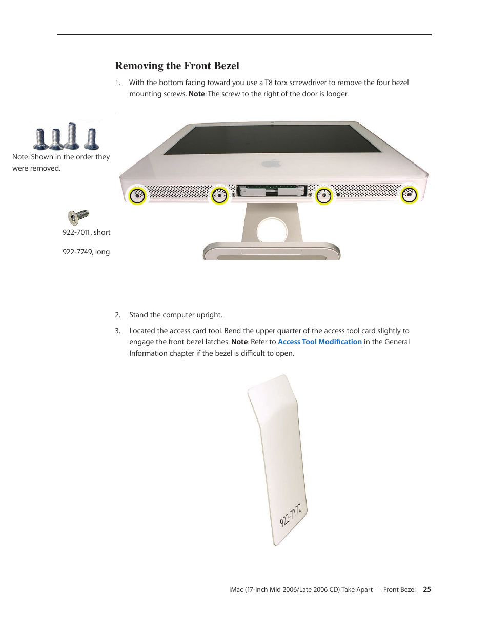 Removing the front bezel | Apple iMac (17-inch Mid 2006) User Manual | Page 25 / 160