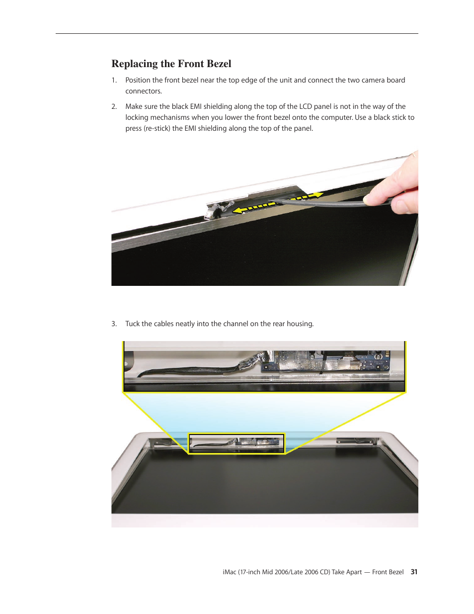 Replacing the front bezel | Apple iMac (17-inch Mid 2006) User Manual | Page 31 / 160