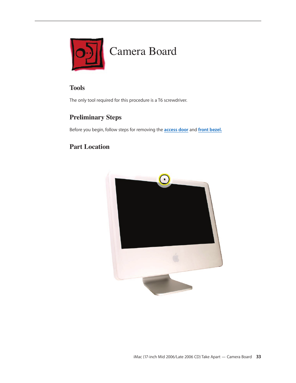 Camera board, Camera board 33 | Apple iMac (17-inch Mid 2006) User Manual | Page 33 / 160