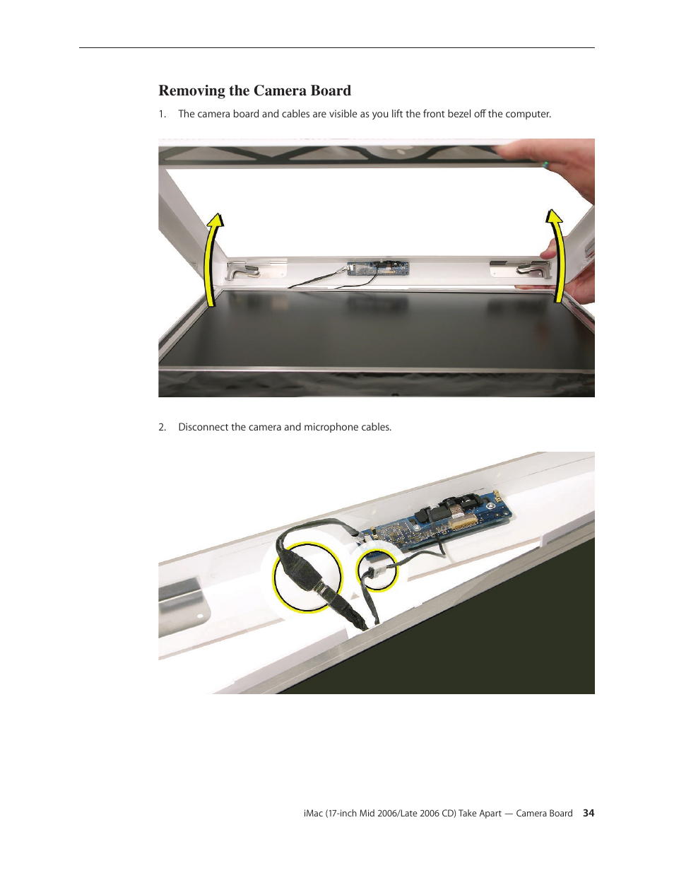 Removing the camera board | Apple iMac (17-inch Mid 2006) User Manual | Page 34 / 160