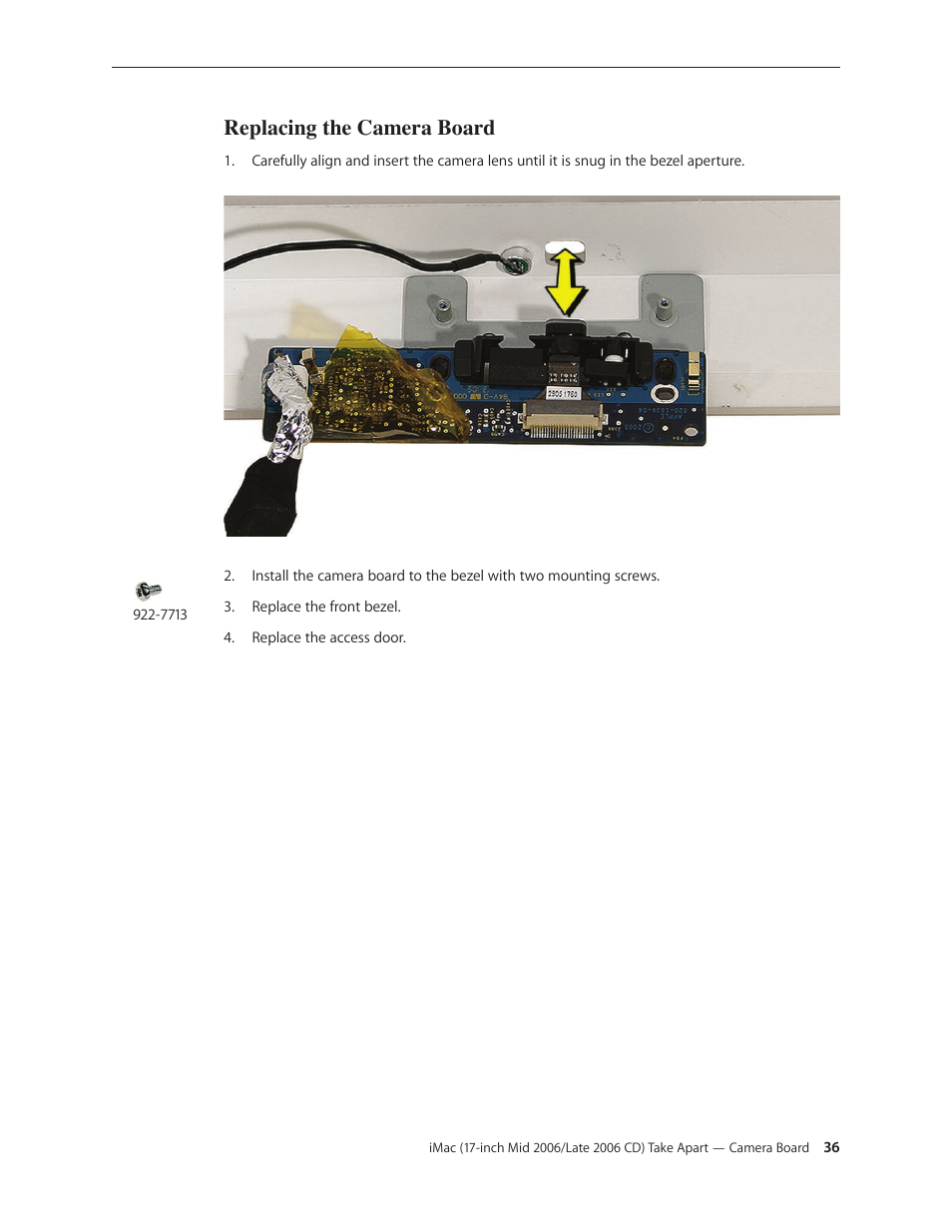 Replacing the camera board | Apple iMac (17-inch Mid 2006) User Manual | Page 36 / 160