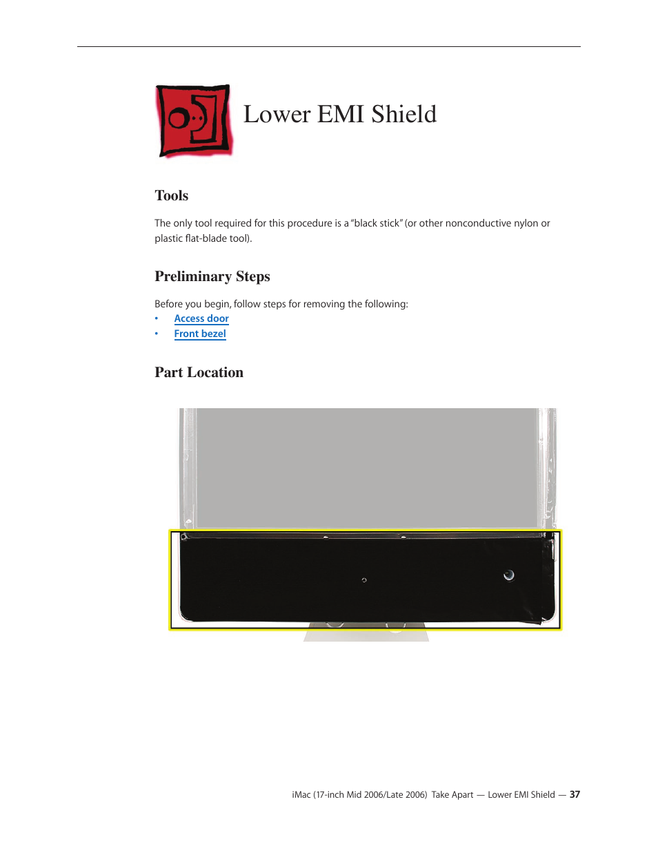 Lower emi shield, Lower emi shield 37 | Apple iMac (17-inch Mid 2006) User Manual | Page 37 / 160